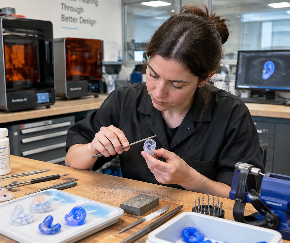 Technician hand-finishing a custom earmould