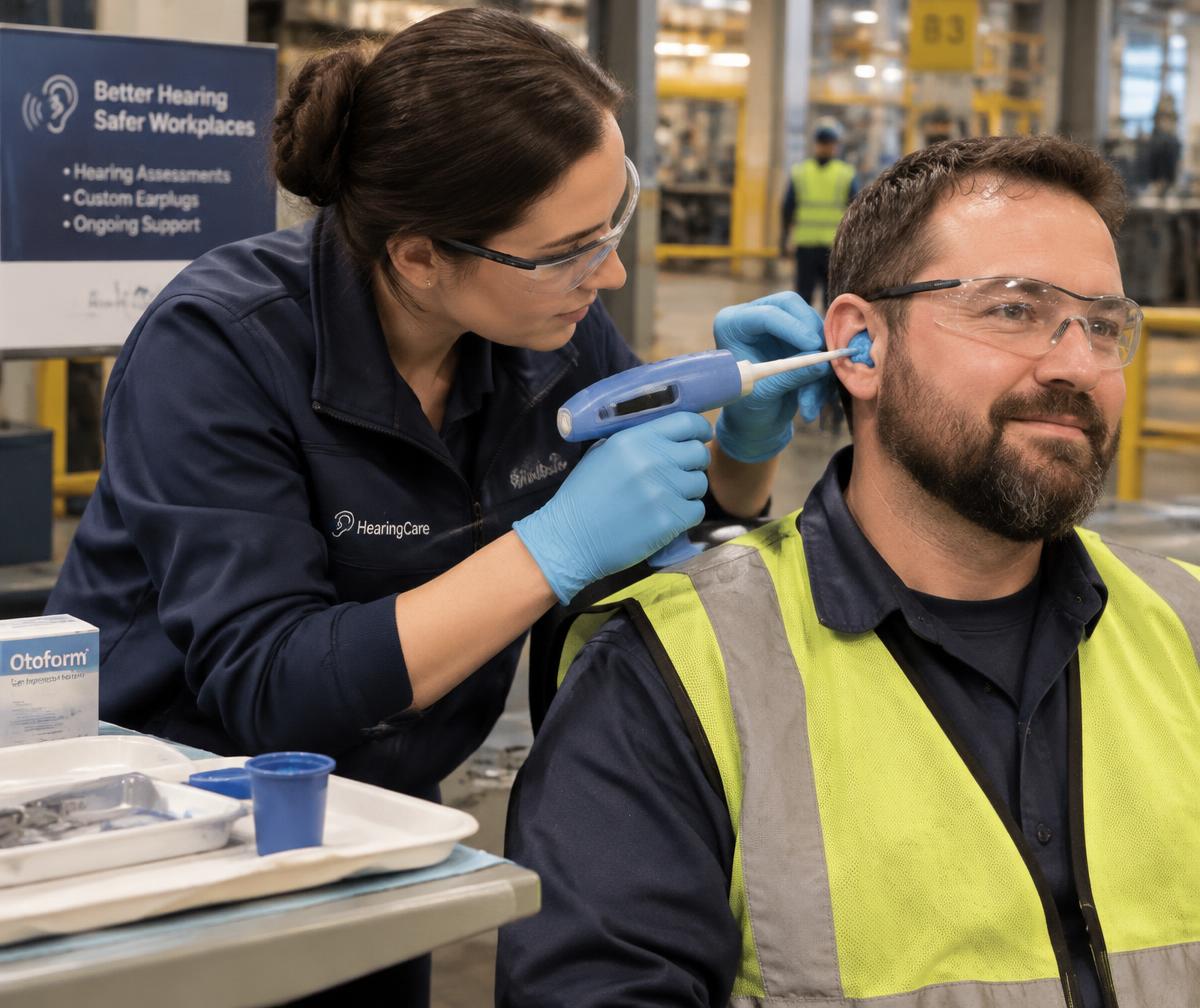 Onsite ear impression being taken for a factory worker