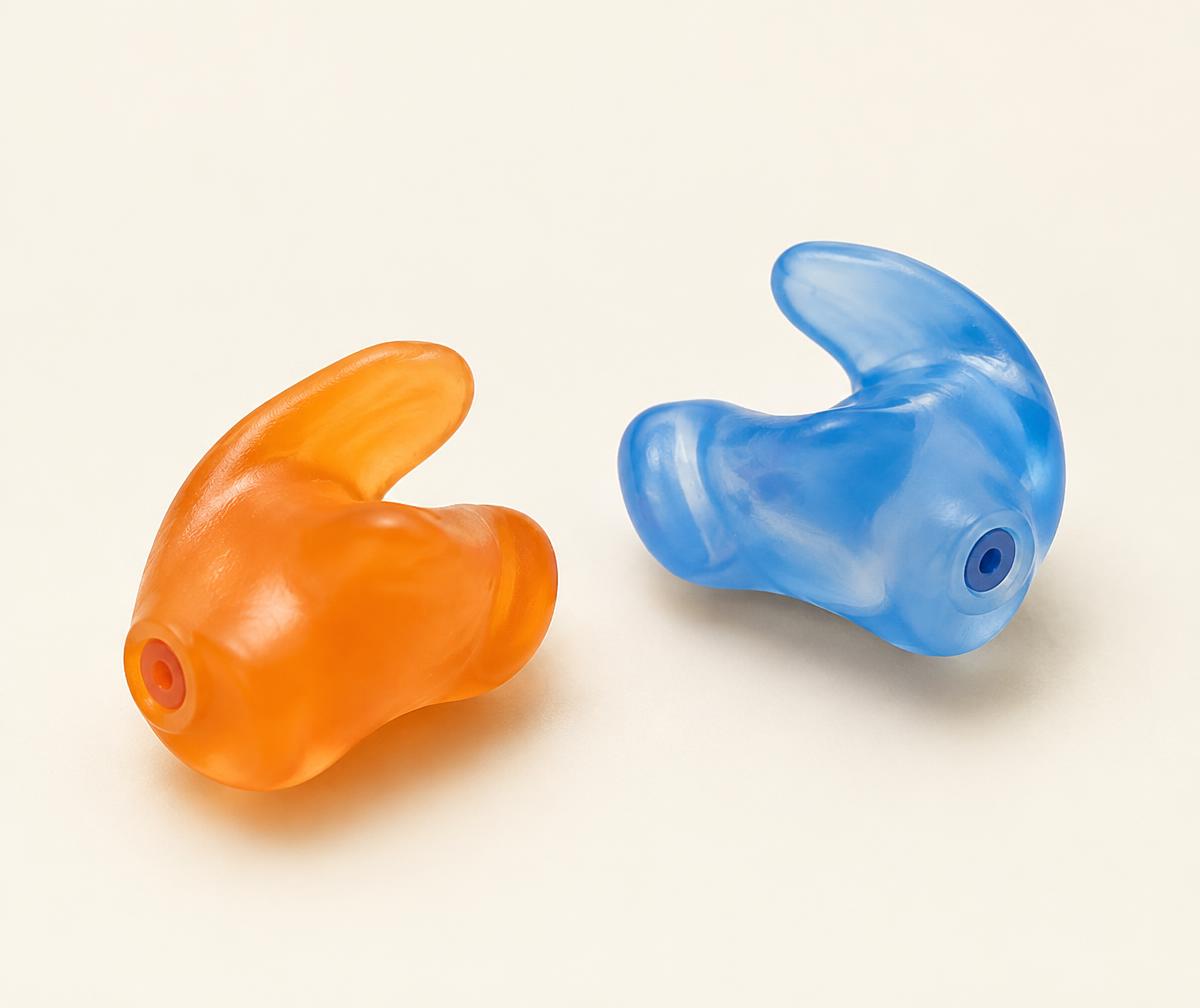 Orange and blue custom-moulded earplugs