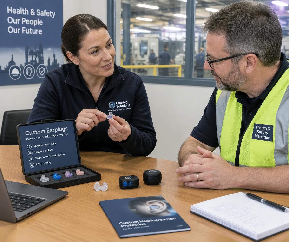 Minerva specialist discussing custom earplugs with a health and safety manager